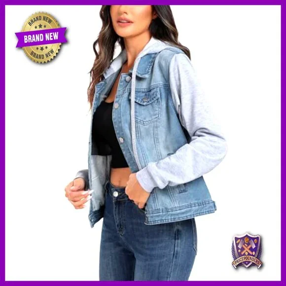 Hooded Denim Jacket Drawstring Layered Sweatshirt Classic Chic Casual Streetwear